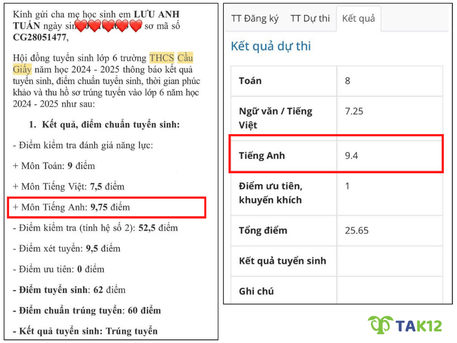 phiếu điểm Anh Tuấn thi vào 6